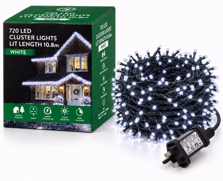 Catena luminosa a LED con effetto cluster, 720 LED, 8 modalità, timer, 20,8 metri, luce bianca fredda, grado di protezione IP44