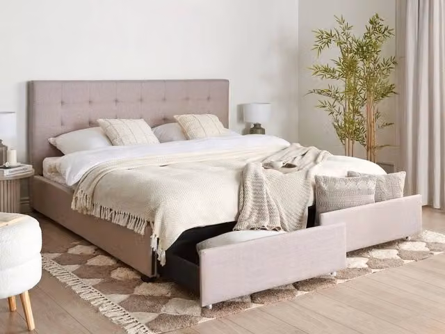 Letto contenitore matrimoniale Beliani imbottito in tessuto grigio con cassetti e struttura in legno L/P: 180 x 200 cm