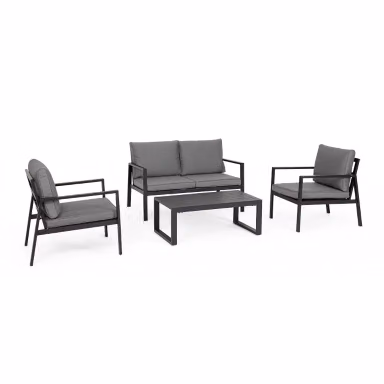 Set salotto HILDE con 1 divano, 2 poltroncine e 1 tavolino in alluminio antracite, con cuscini