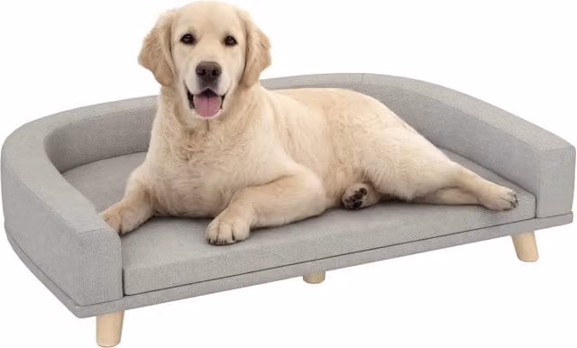 Divano per cani grandi Xylo con cuscino lavabile e gambe in legno di pino, Grigio Chiaro, L: 98 cm, P: 67 cm, H: 25 cm