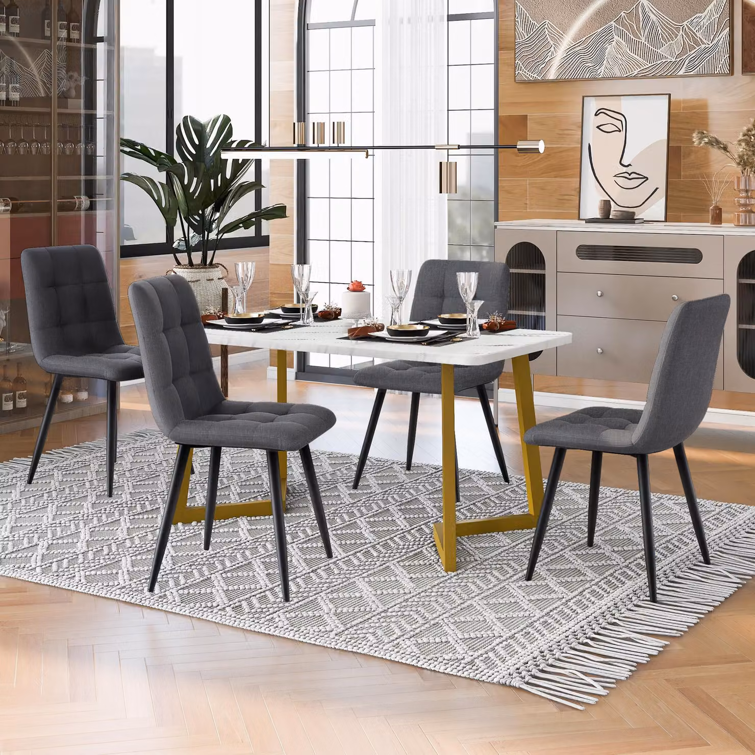 Set tavolo da pranzo Fortuna Lai 117 cm con 4 sedie, tavolo da pranzo rettangolare Set tavolo da cucina moderno ,sedie da pranzo in lino grigio scuro, gambe del tavolo dorate