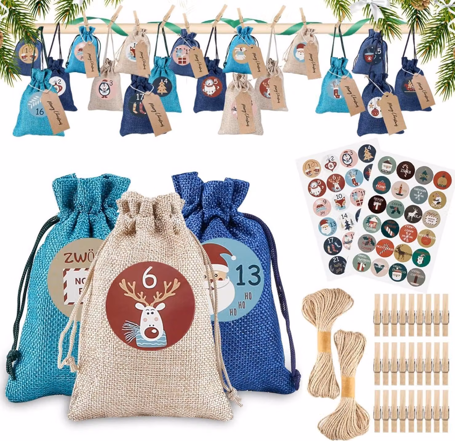 24 sacchetti per il calendario dell'Avvento Decorazione natalizia e sacchetti regalo, fai da te con adesivi