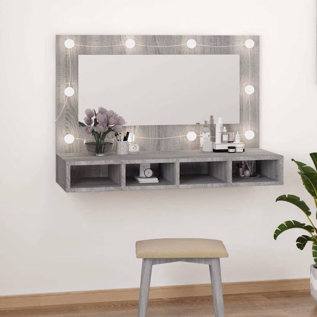 Armadietto da bagno con specchio e illuminazione LED vidaXL, Grigio Sonoma, L 90 cm x P 31,5 cm x H 62 cm