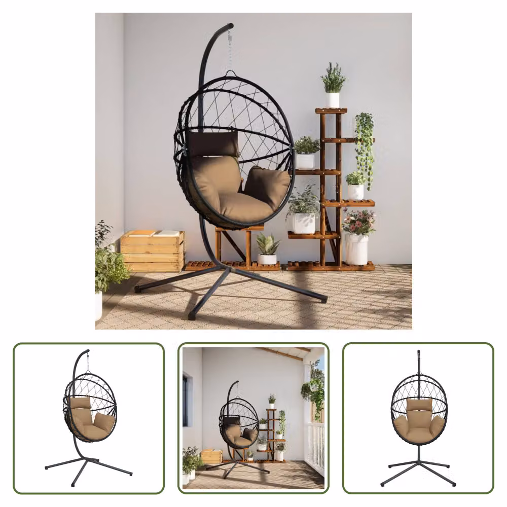 The Living Store Sedia sospesa Egg Design con supporto in rattan e acciaio Taupe