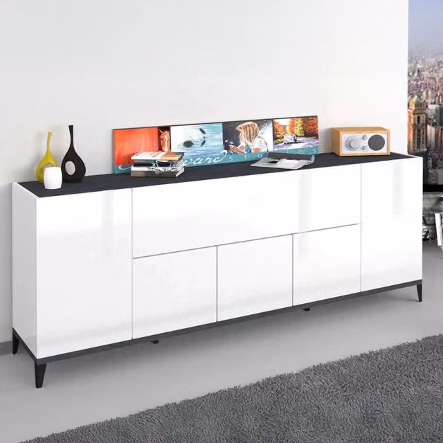 Credenza moderna a 6 Amour, Made in Italy, Madia da cucina rialzata, Buffet di design da soggiorno, Cm 200x40h82, Bianco lucido e Ardesia