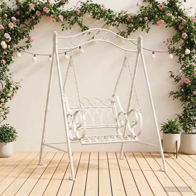 Panchina a dondolo vidaXL in acciaio verniciato bianco antico per giardino e terrazzo L/P/H: 113 x 121,5 x 168 cm