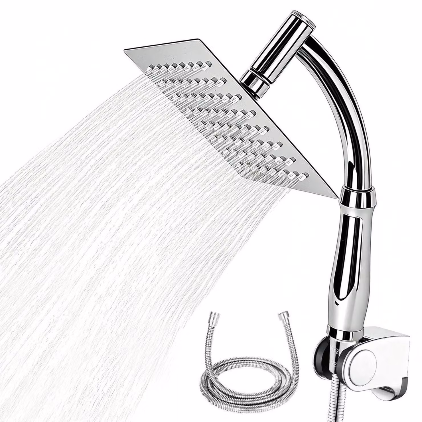Doccia quadrata da 20 cm con braccio di prolunga e tubo flessibile