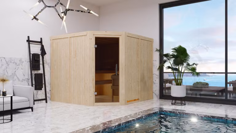 Karibu sauna cabina interna Malin sauna interna 3 panche in legno, cabina sauna con spessore parete 68 mm, sauna a vapore con materiale di montaggio