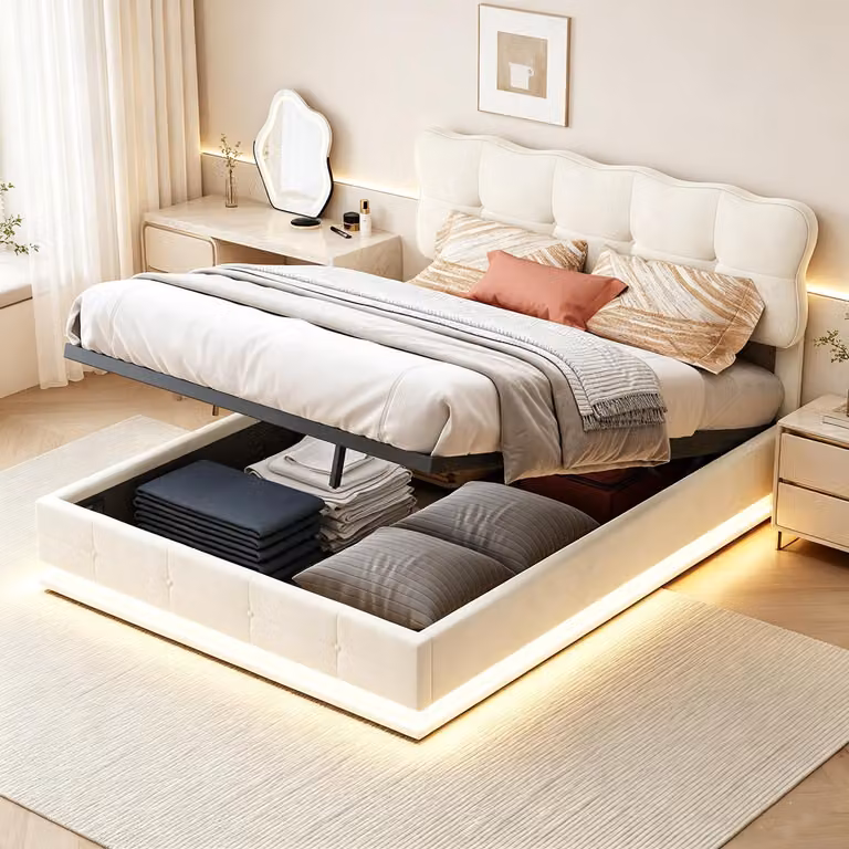 Letto matrimoniale 140x190 con contenitore, imbottito, con illuminazione a LED, letto con sistema di sollevamento idraulico, letto per ragazzi, in velluto, color beige