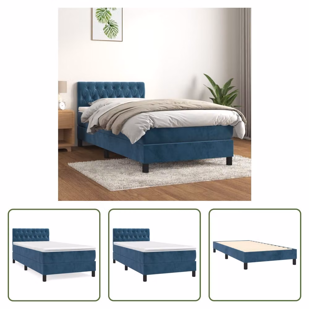 The Living Store Letto a molle con materasso blu scuro 100x200 cm in velluto