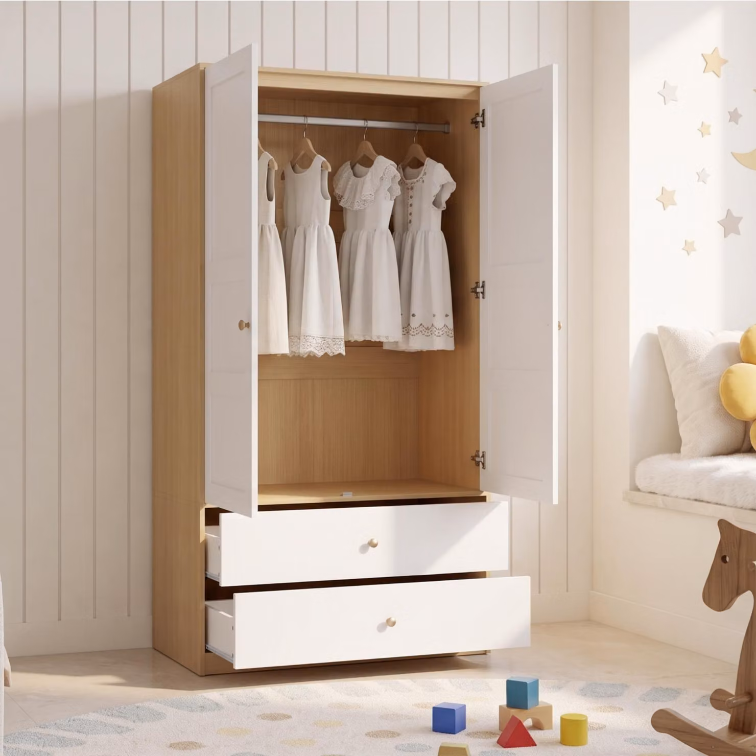 Armadio MODFU con doppia porta, 100x48x180 cm, mobile contenitore con 2 cassetti e barra appendiabiti, armadio con design a rilievo, finitura bianca e effetto legno