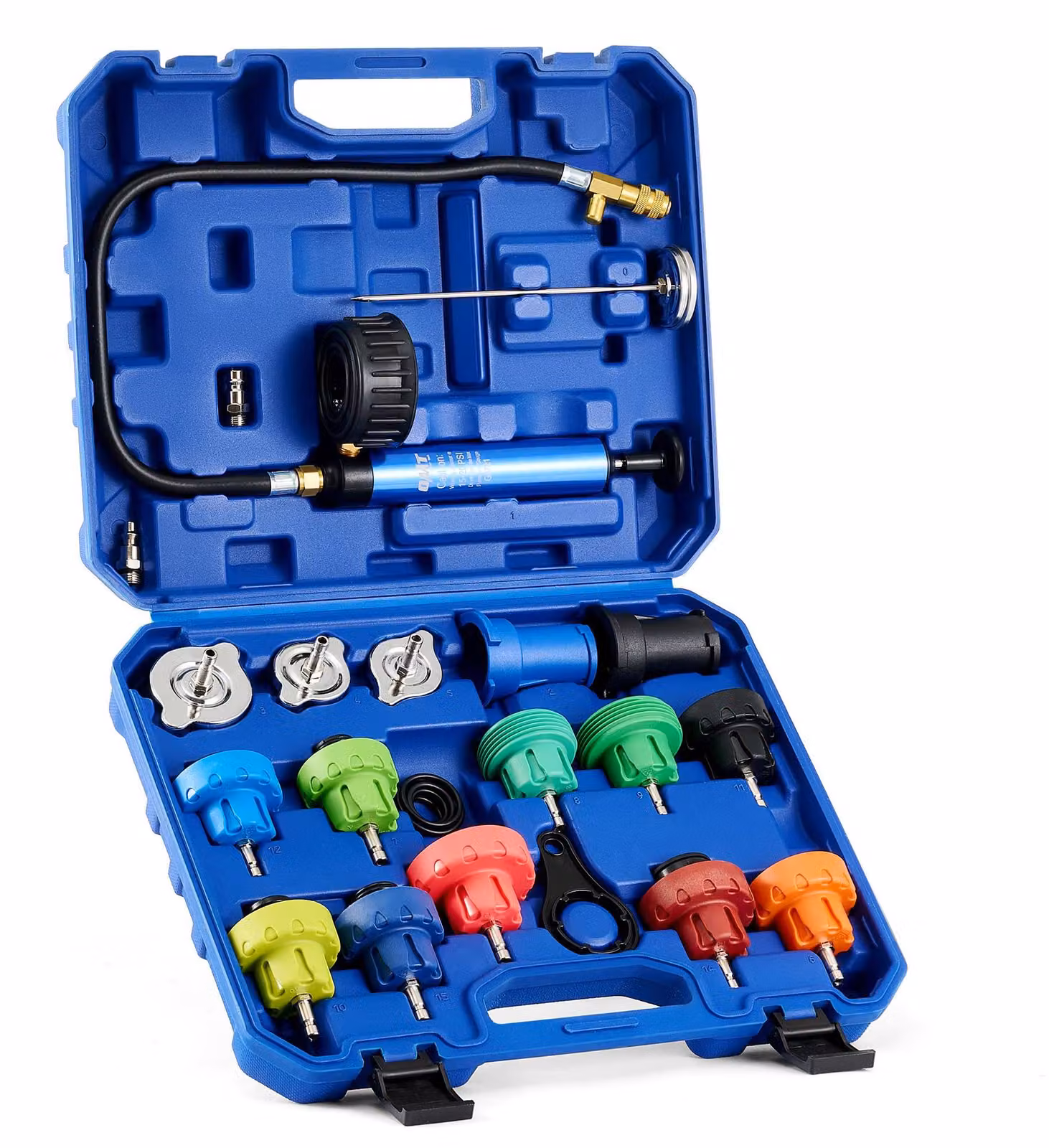 Kit di prova per sistemi di raffreddamento, composto da 19 elementi, comprensivo di adattatori per radiatori e pompa del vuoto