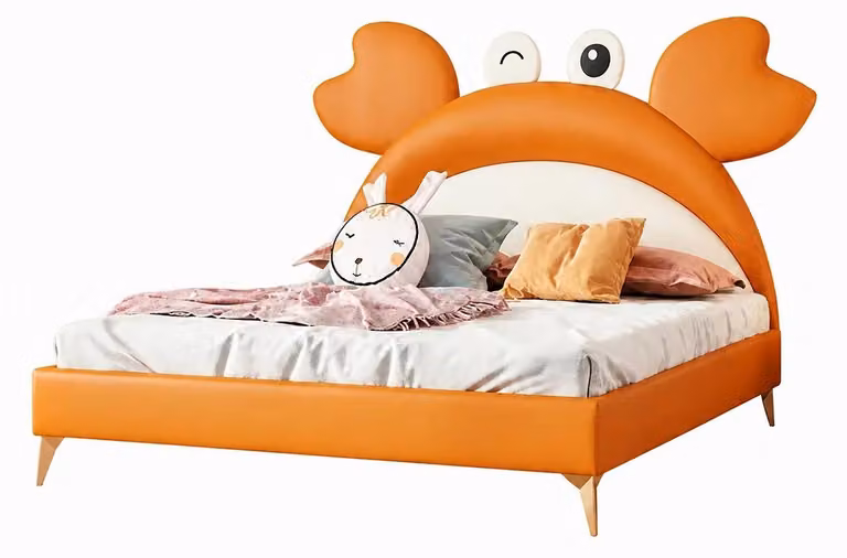 Letto per bambini color arancione, a forma di granchio, in pelle, dai colori vivaci, accogliente