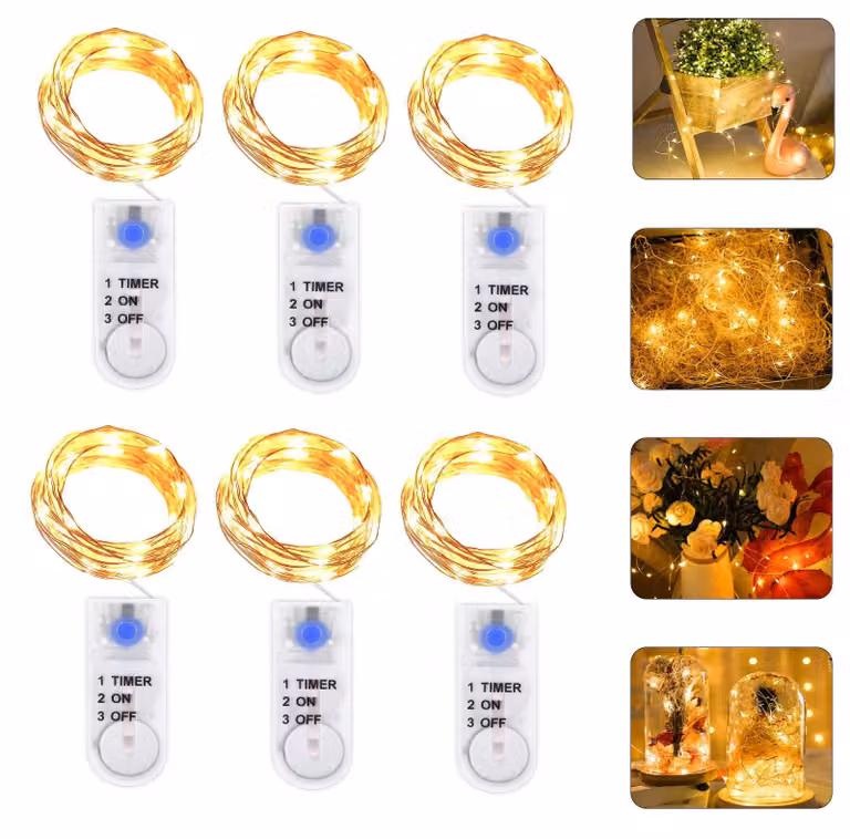 Set di 6 catene luminose a LED, lunghezza 2 metri, 20 LED, grado di protezione IP65, con timer
