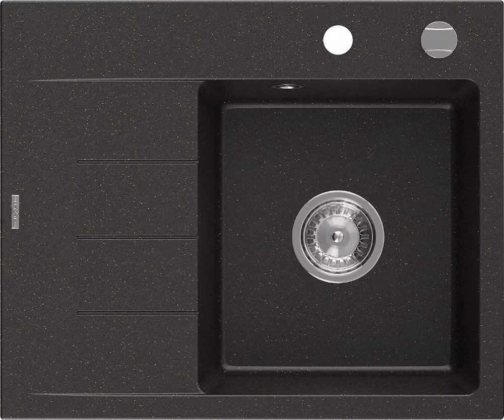Mexen Ben lavello in granito a 1 vasca con gocciolatoio, destro 600 x 500 mm, nero/oro metallizzato, sifone cromato