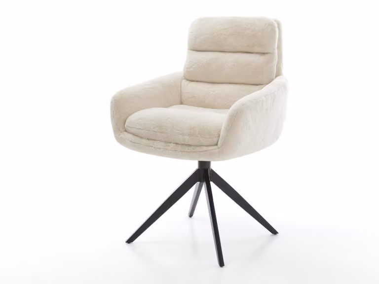 DELIFE poltrona girevole Abelia-Flex con braccioli in peluche bianco panna telaio trasversale nero largo funzione dondolo girevole a 360°