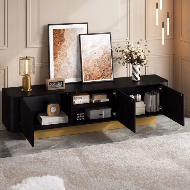 Desviae Mobile porta TV con tre ante e ripiano centrale regolabile in MDF e pannello truciolare nero 170 × 40,5 × 47 cm