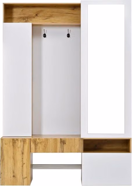 Mobile da ingresso moderno in MDF bianco con specchio, scarpiera, barra appendiabiti e ganci, L: 127 cm, P: 35 cm, H: 180.5 cm – 1