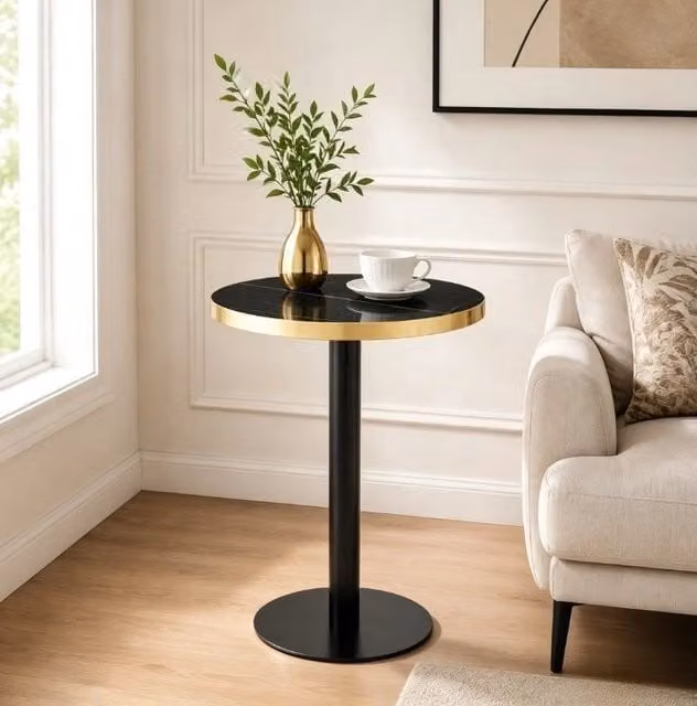 Tavolo rotondo Ø 60 cm effetto marmo nero con bordo oro