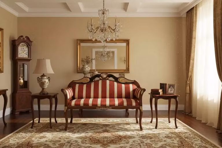 Divanetto imbottito in legno di faggio con fregi oro e tessuto a righe rosso Mobili 2G L/P/H: 115 x 45 x 85 cm