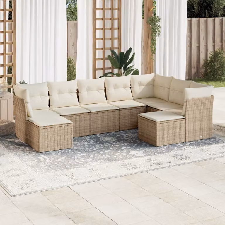 vidaXL Set Divano da Giardino 9 pz in Polyrattan Beige con Cuscini e Ottoman