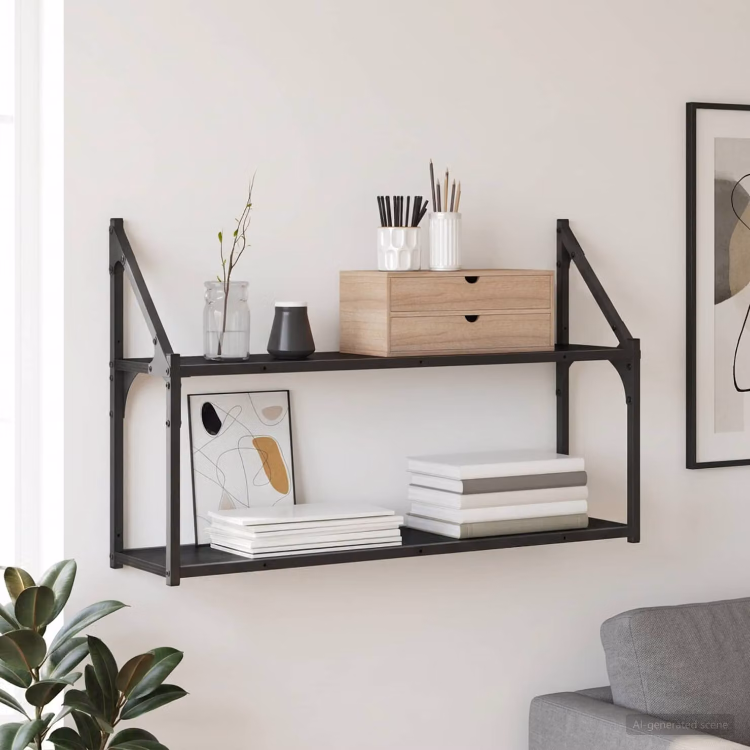 Scaffale da parete moderno vidaXL in MDF e metallo, colore nero opaco, L: 80 cm, P: 21 cm, H: 51 cm