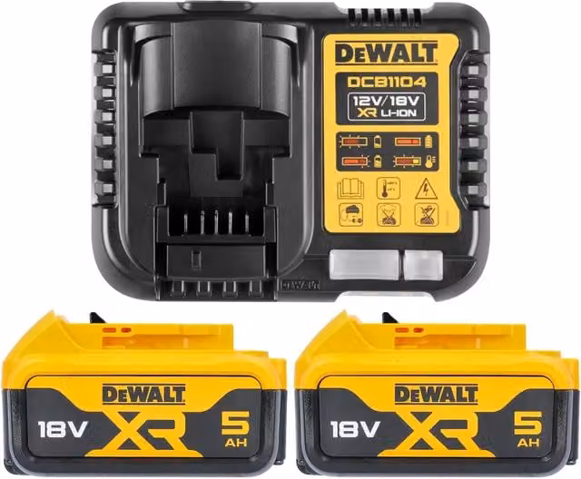 Kit DeWalt DCB1104P2-QW con 2 Batterie 18V XR 5 Ah Li-Ion e Caricabatterie DCB1104 Giallo