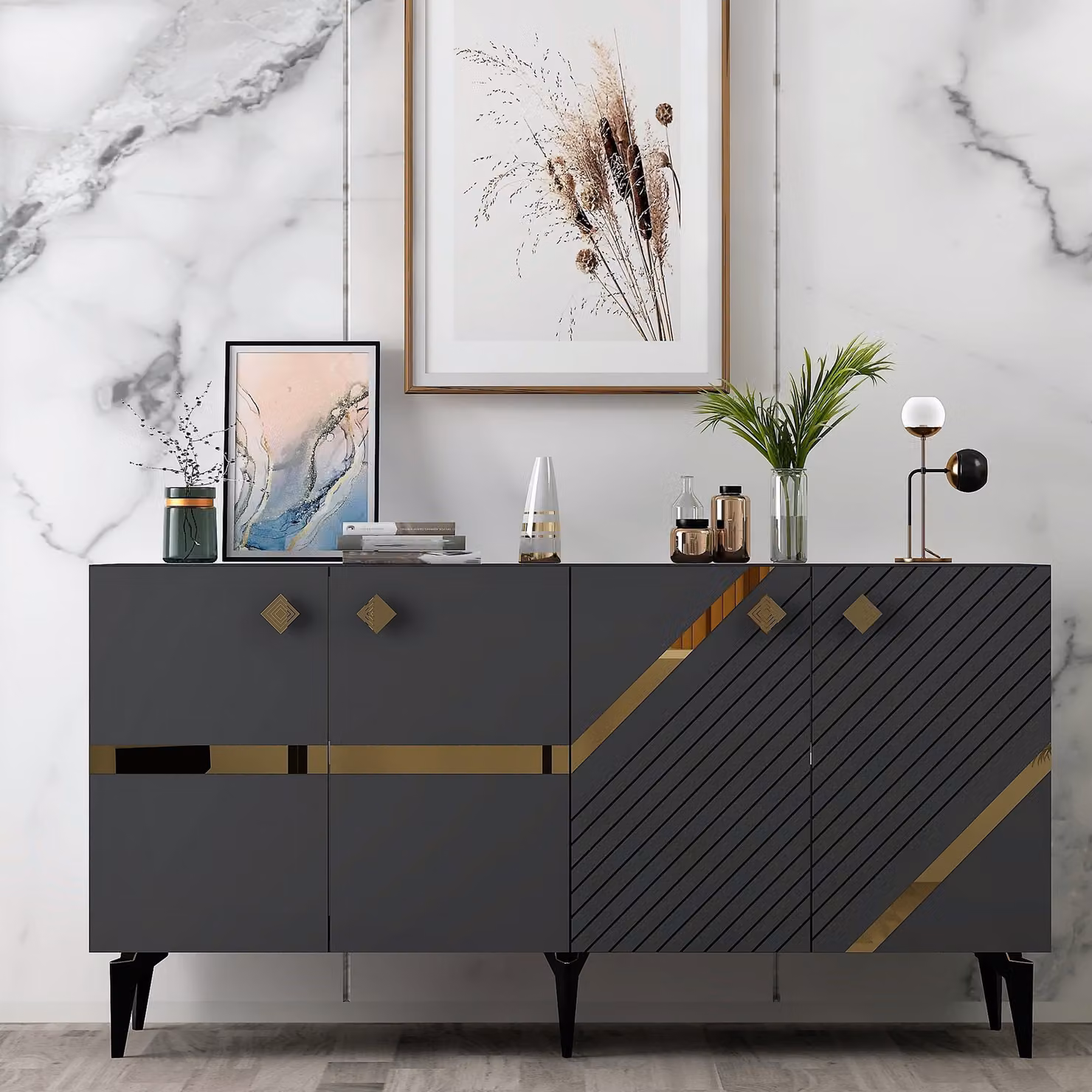Skye Decor, Iris - Antracite, Oro, Consolle, Antracite, 100 % PANNELLI DI PARTICELLE RIVESTITI IN MELAMMINA, 150 x 79 x 40 cm