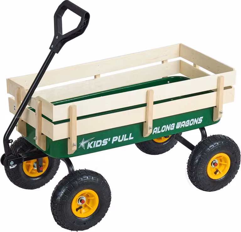 Carrello a mano per bambini - Carrello a mano/carrello da trasporto - Lunghezza 102 cm - Con barra di spinta - Legno e metallo - Capacità di carico 150 kg - Dai 5 anni in su - Verde/giallo