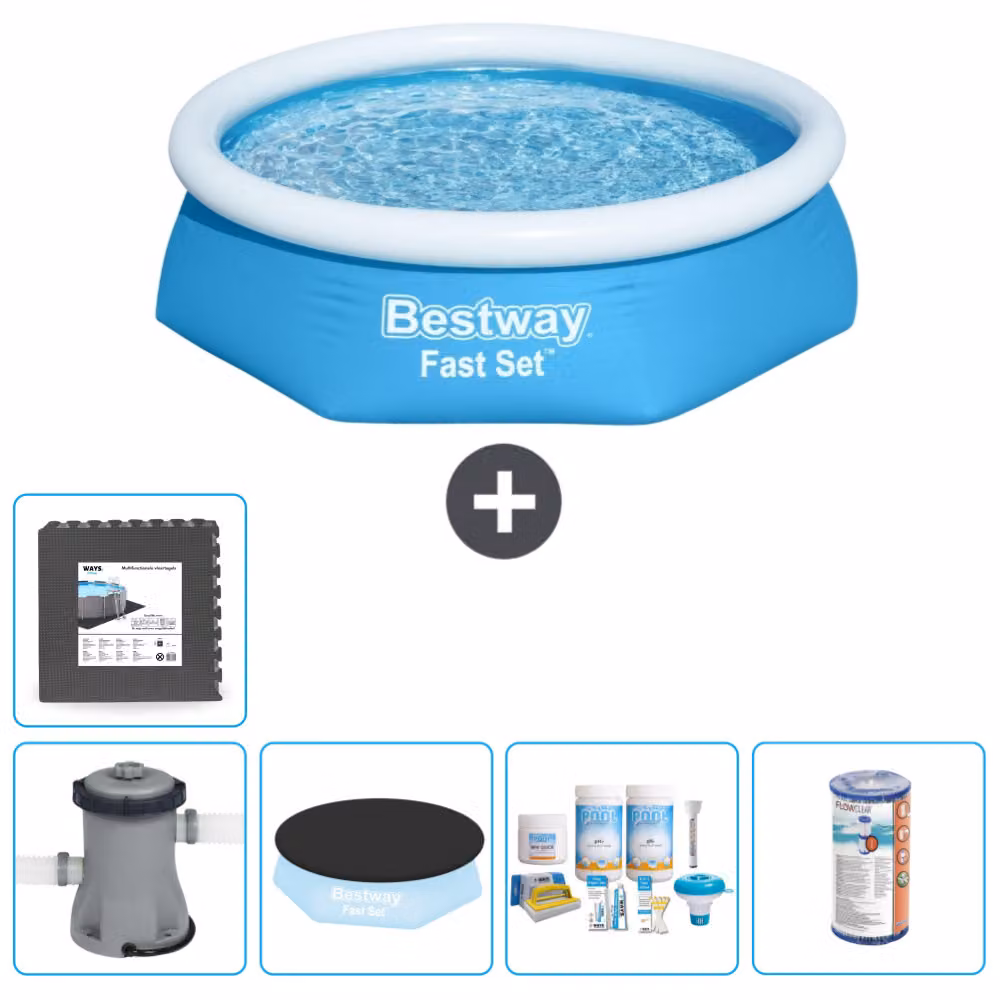 Piscina gonfiabile rotonda Bestway Fast-Set - 244 x 61 cm - blu - inclusa copertura della pompa - pacchetto manutenzione - filtro - piastrelle per il pavimento