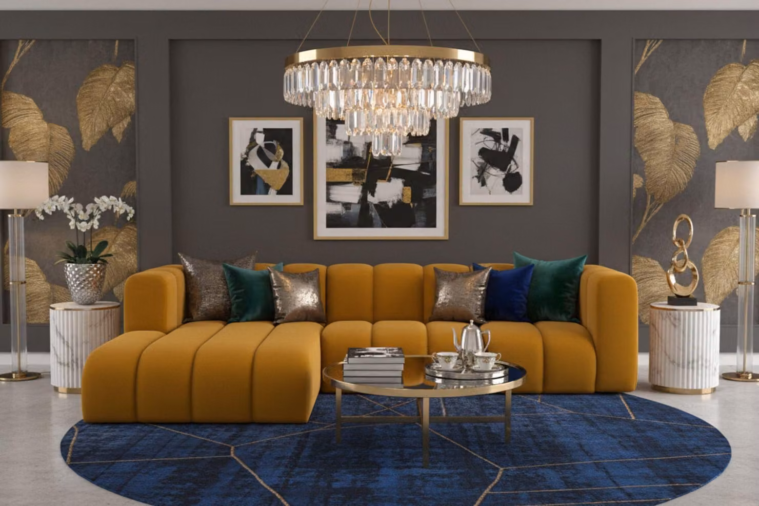 Divano angolare Kaiser Möbel a forma di L Grand L 287 cm, tessuto velour Salvador, giallo, sinistro