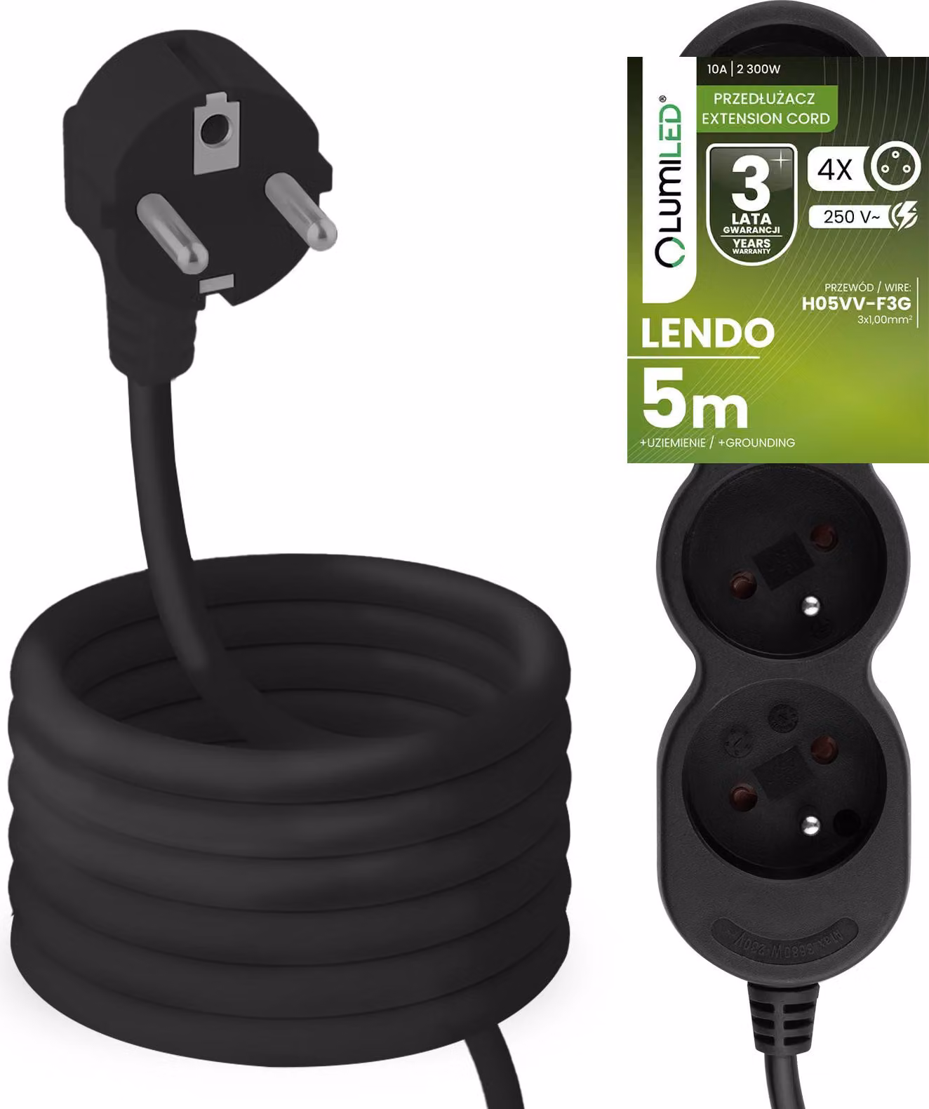Presa multipla LUMILED Presa multipla 4 volte tipo E, cavo 5m H05VV-F3G nero Presa multipla E 10A 2300W 250V IP20 Staffa per sospensione