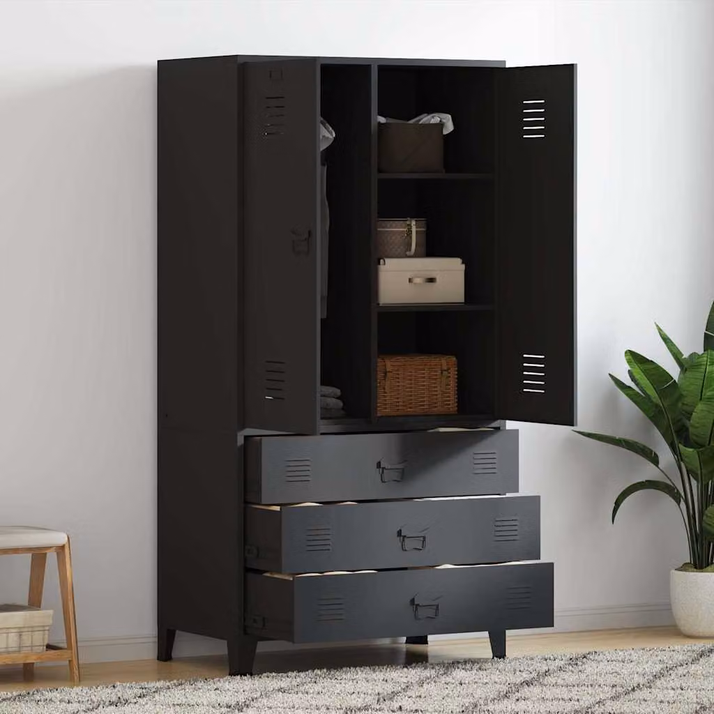 Armadio Industriale vidaXL in Metallo Nero Opaco con Cassetti e Ripiani L: 90 cm, P: 50 cm, H: 180 cm – 1