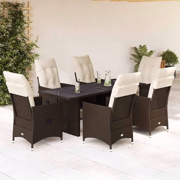 Set da Pranzo da Giardino 7pz vidaXL in Polyrattan Marrone con Cuscini Bianchi e Tavolo in Vetro