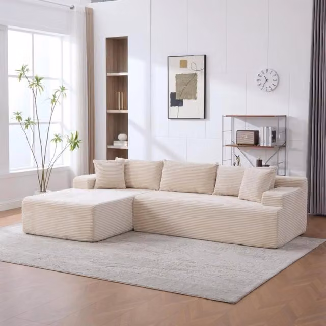 Divano compatto, divano modulare, tessuto chenille, schiuma ad alta elasticità 30D, base antiscivolo, 4 posti, bianco avorio