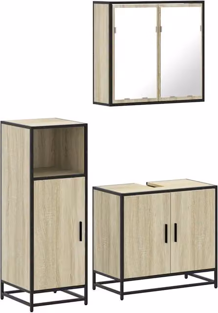 Set Mobili da Bagno Industrial in Legno e Metallo Marrone con Specchio LED e Mobile Lavabo