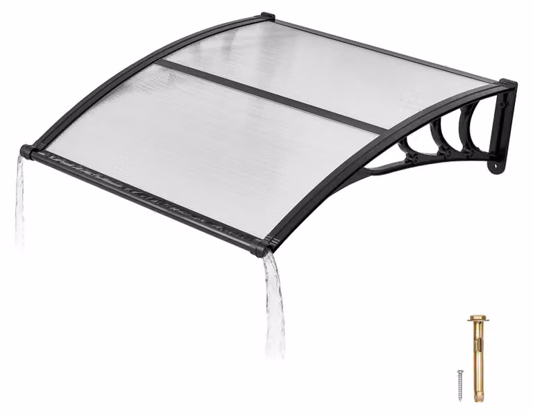 Tenda da esterno SucceBuy per porta d'ingresso, 965x1017 mm, design curvo con sistema di drenaggio e supporto in ABS, protezione da pioggia, neve e sole, copertura in policarbonato per veranda e terrazza, colore marrone