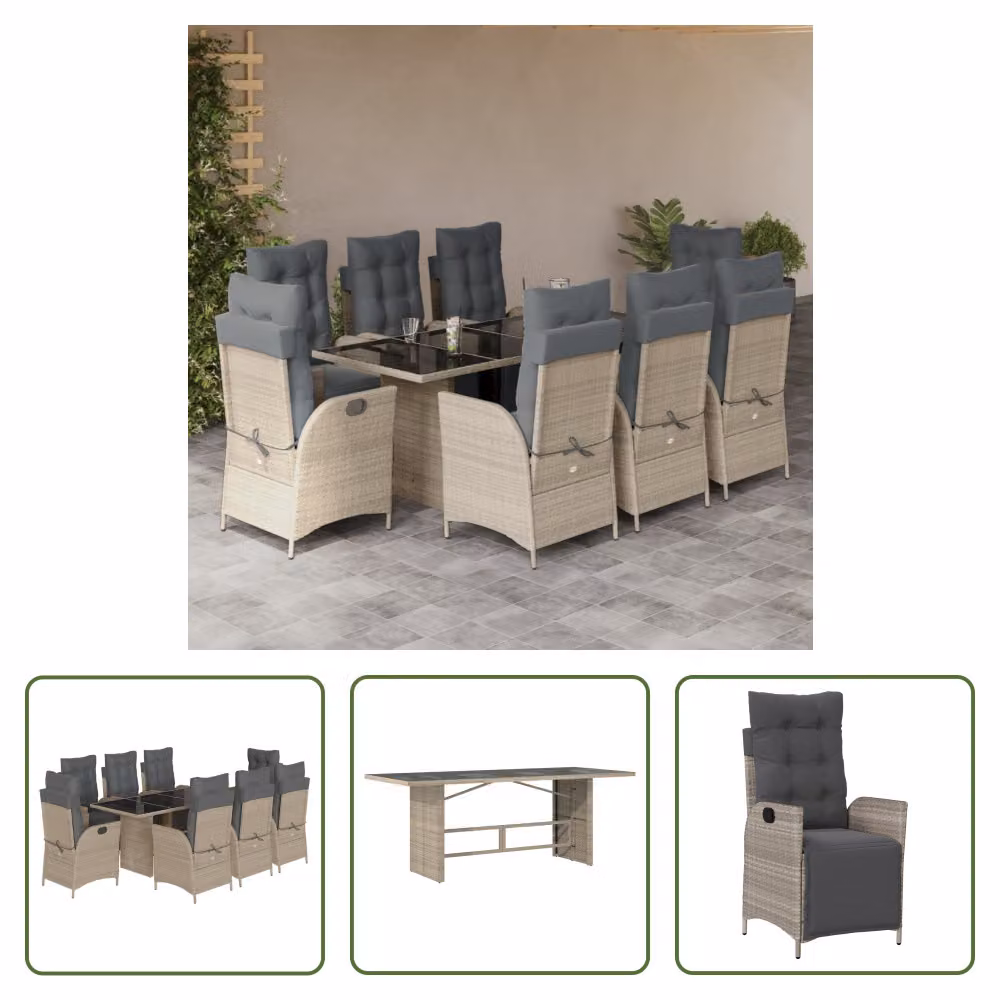 The Living Store Set da pranzo da giardino 9 pezzi con cuscini in poly rattan grigio chiaro