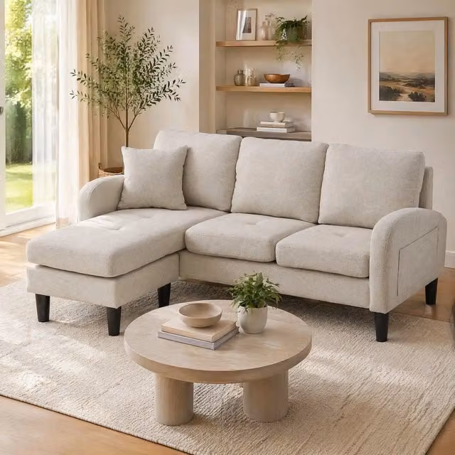 Divano angolare modulare 3 posti con chaise longue reversibile 166 x 118 x 77 cm beige grigio e bianco