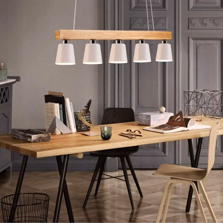 ZMH lampada a sospensione legno bianco 5 fiamme E27 lampada a sospensione100CM altezza regolabile rustico metallo tavolo da pranzo lampada a sospensione moderna (lampadina inclusa)