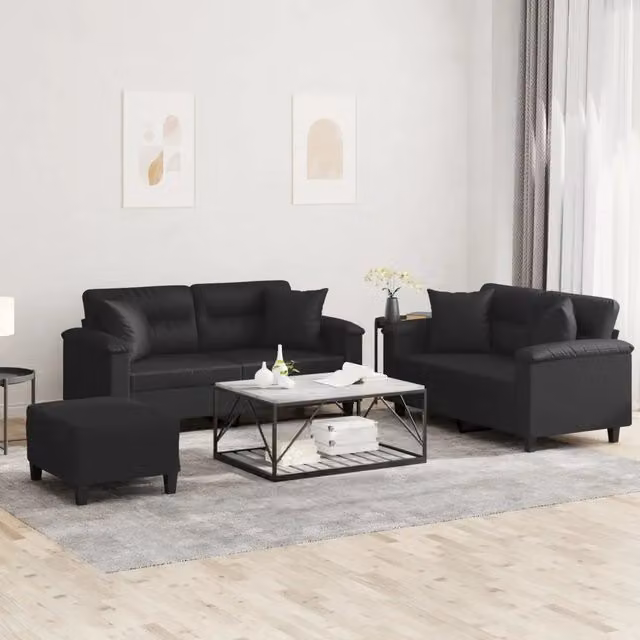 Set di divani 3 pezzi vidaXL in similpelle nera con cuscini per soggiorno in stile moderno – 1
