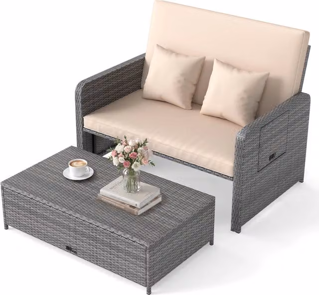 Divano letto in rattan per patio con schienale regolabile e tavolini pieghevoli, Set 2 pezzi con divanetto e pouf per giardino e piscina Beige