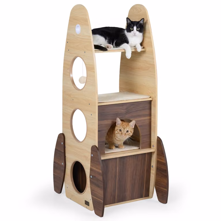 Albero per gatti Costway a forma di razzo in legno marrone con 2 piani e tiragraffi in sisal, Altezza: 120 cm
