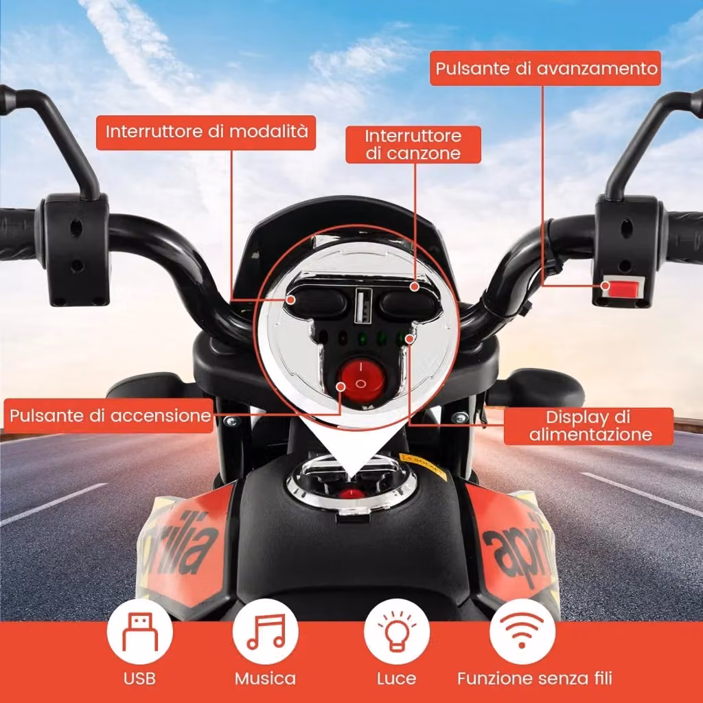 Moto Cavalcabile Elettrica Aprilia Costway 12V per Bambini con Ruote Ausiliarie, Musica Wireless e Sospensioni a Molla, Colore Rosso – 2