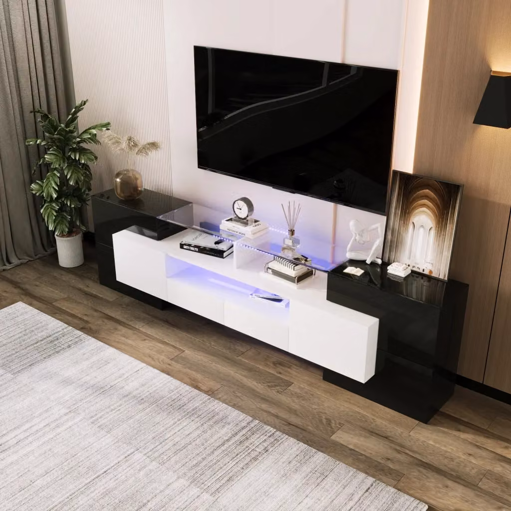 Mobile TV moderno WISHDOR in MDF bianco e nero lucido con illuminazione LED integrata, L: 200 cm, P: 40 cm, H: 56 cm – 2