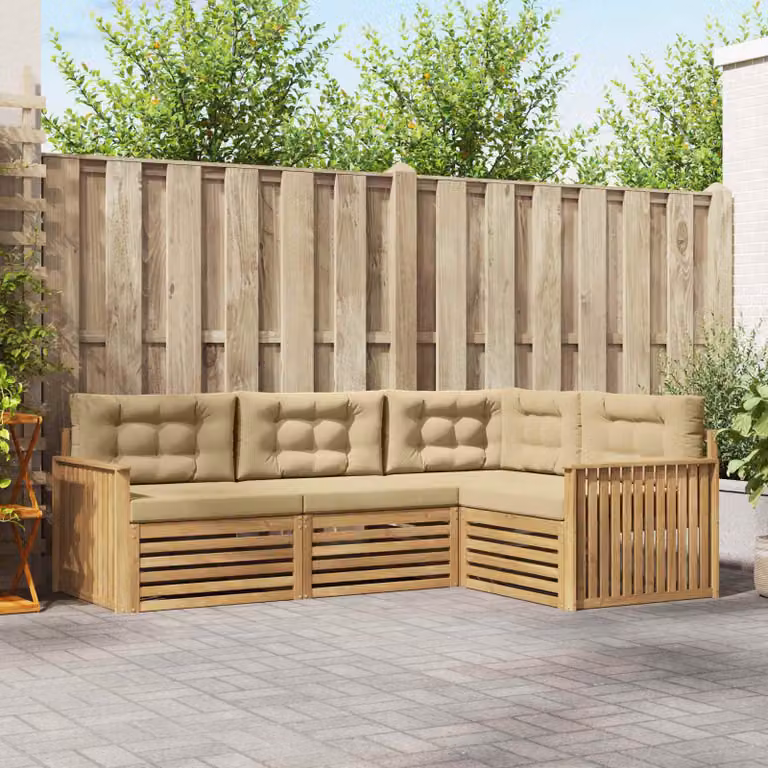 Set di divani da esterno a L vidaXL in legno di acacia con cuscini, Bianco, Beige e Marrone
