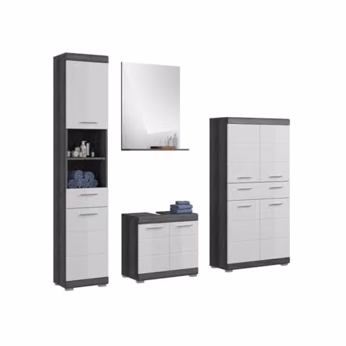 Scott - Set da bagno – Mobile sottolavello, specchio, mobile portaoggetti e colonna – grigio scuro e bianco