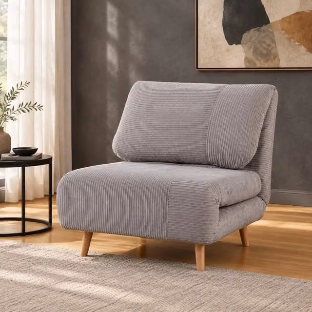 Poltrona letto 2-in-1 con materasso reclinabile, struttura in legno e rivestimento in corda grigio chiaro