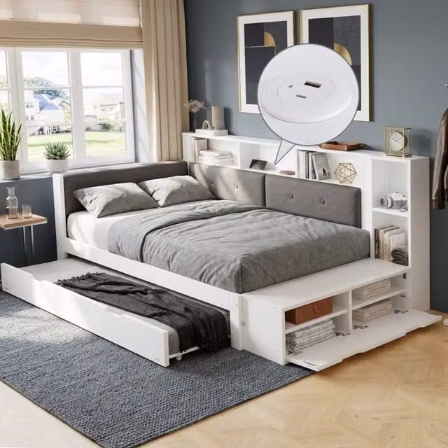 Letto in legno 120 x 200 cm con letto estraibile 90 x 190 cm, contenitore e ricarica, testiera imbottita, vani laterali e panca portascarpe - Bianco
