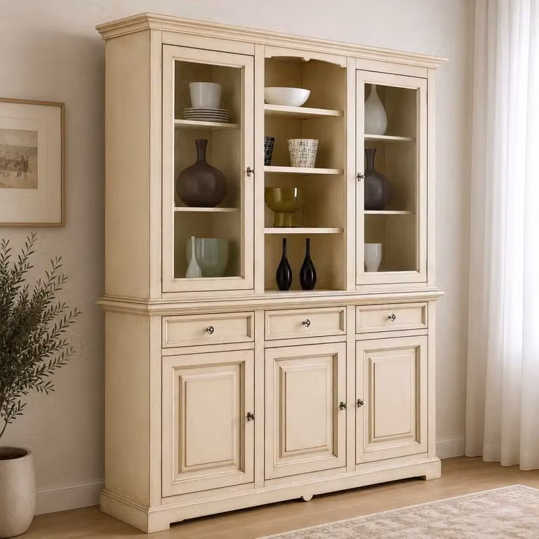 Cristalliera con vetrina in legno 3 ante stile shabby chic color avorio anticato Mobili 2G L: 170 cm, P: 46 cm, H: 215 cm